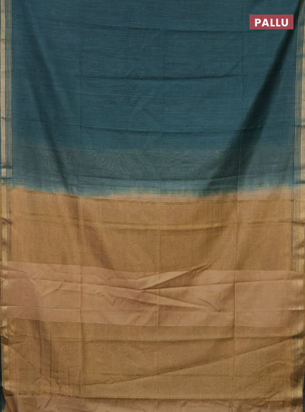 Semi bamboo saree peacock green and sandal and stripes pattern and zari woven border