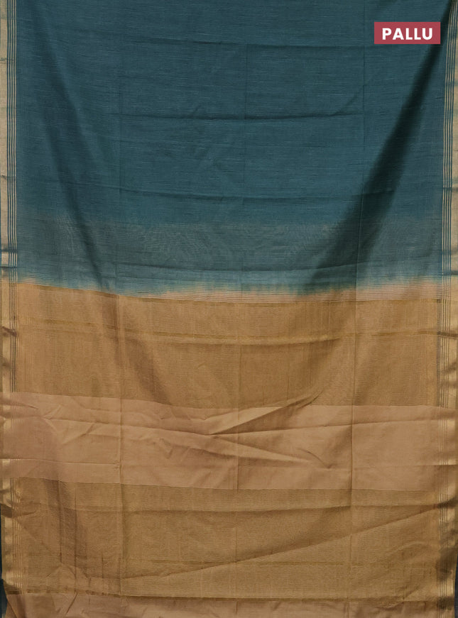 Semi bamboo saree peacock green and sandal and stripes pattern and zari woven border