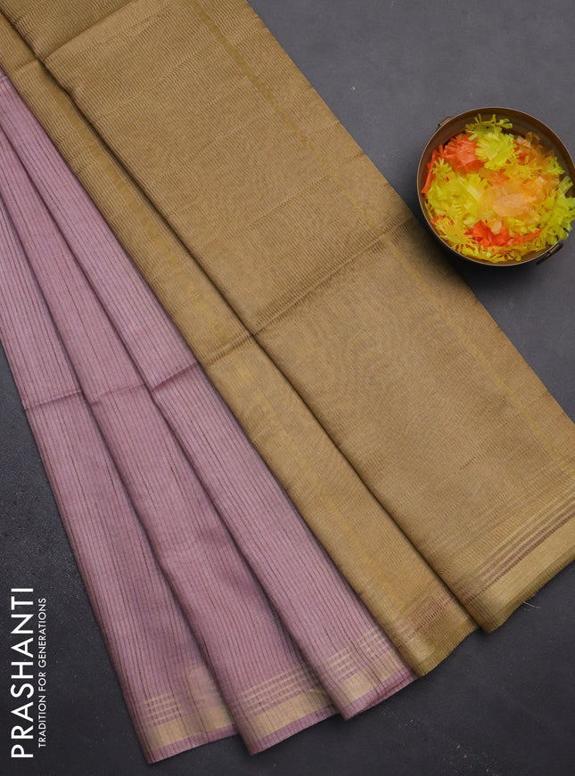 Semi bamboo saree pastel pink and dark sandal and stripes pattern and zari woven border