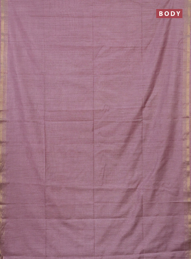 Semi bamboo saree pastel pink and dark sandal and stripes pattern and zari woven border