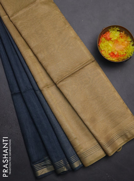 Semi bamboo saree peacock blue and sandal and stripes pattern and zari woven border