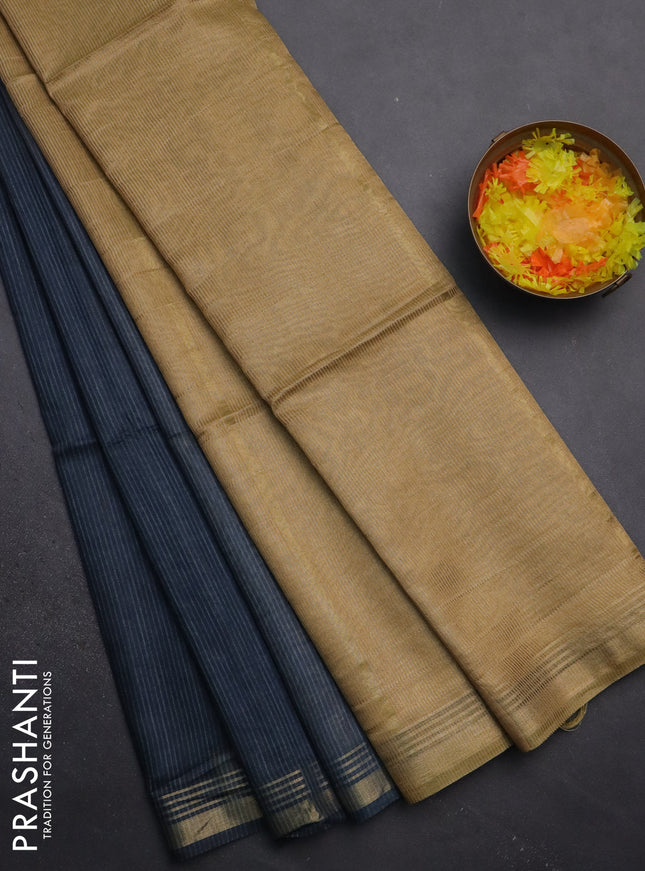 Semi bamboo saree peacock blue and sandal and stripes pattern and zari woven border