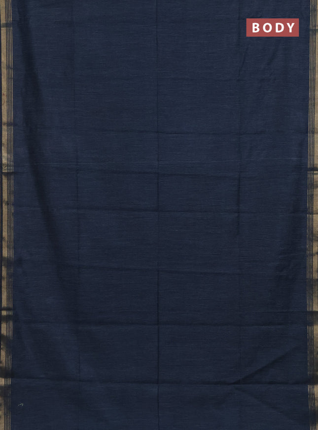 Semi bamboo saree peacock blue and sandal and stripes pattern and zari woven border