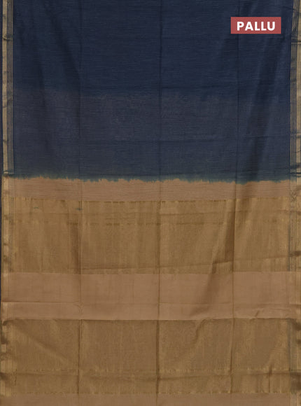 Semi bamboo saree peacock blue and sandal and stripes pattern and zari woven border