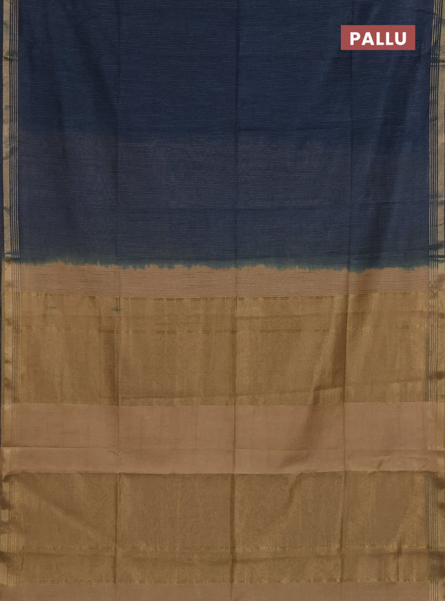 Semi bamboo saree peacock blue and sandal and stripes pattern and zari woven border