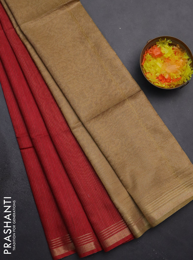 Semi bamboo saree red and sandal and stripes pattern and zari woven border