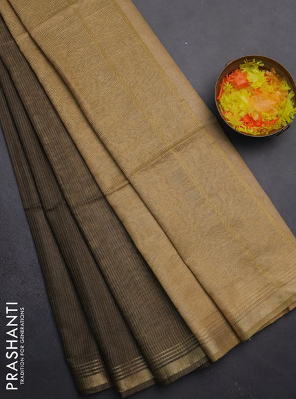 Semi bamboo saree military green and sandal and stripes pattern and zari woven border
