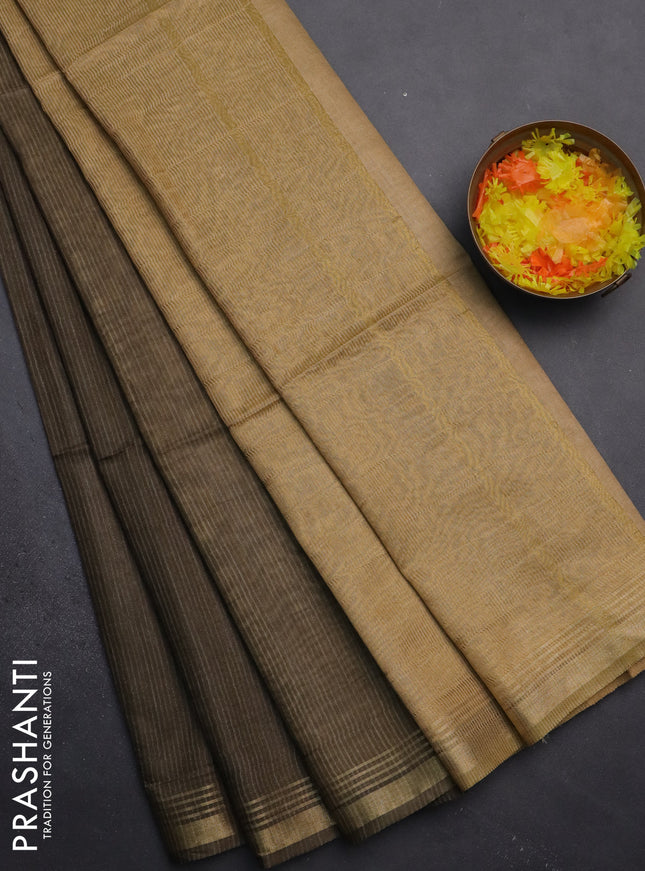 Semi bamboo saree military green and sandal and stripes pattern and zari woven border