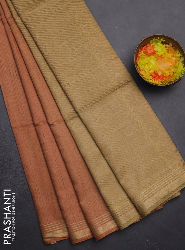 Semi bamboo saree peach orange and sandal and stripes pattern and zari woven border