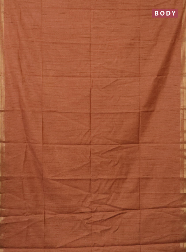 Semi bamboo saree peach orange and sandal and stripes pattern and zari woven border