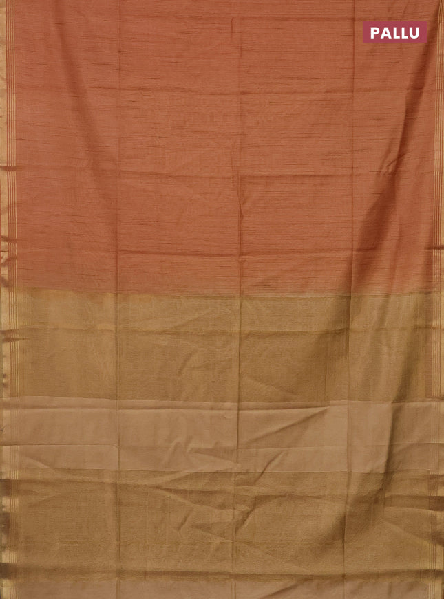 Semi bamboo saree peach orange and sandal and stripes pattern and zari woven border