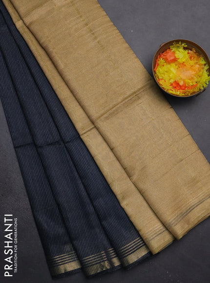 Semi bamboo saree navy blue and sandal and stripes pattern and zari woven border