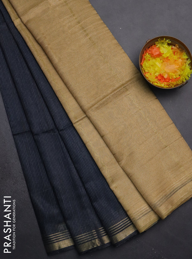 Semi bamboo saree navy blue and sandal and stripes pattern and zari woven border