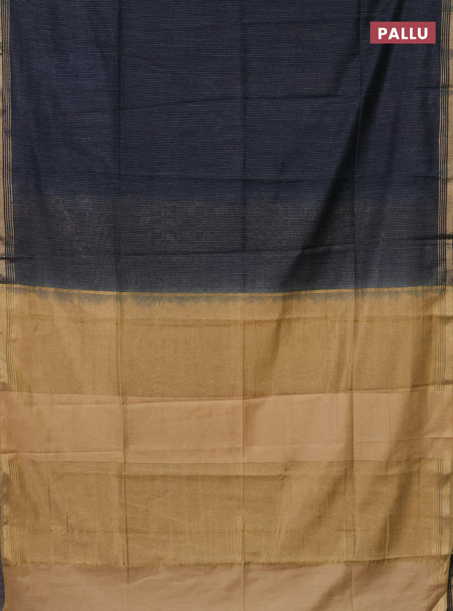 Semi bamboo saree navy blue and sandal and stripes pattern and zari woven border