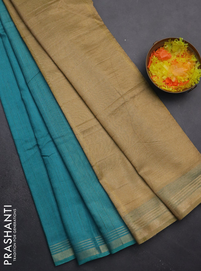 Semi bamboo saree teal blue and sandal and stripes pattern and zari woven border