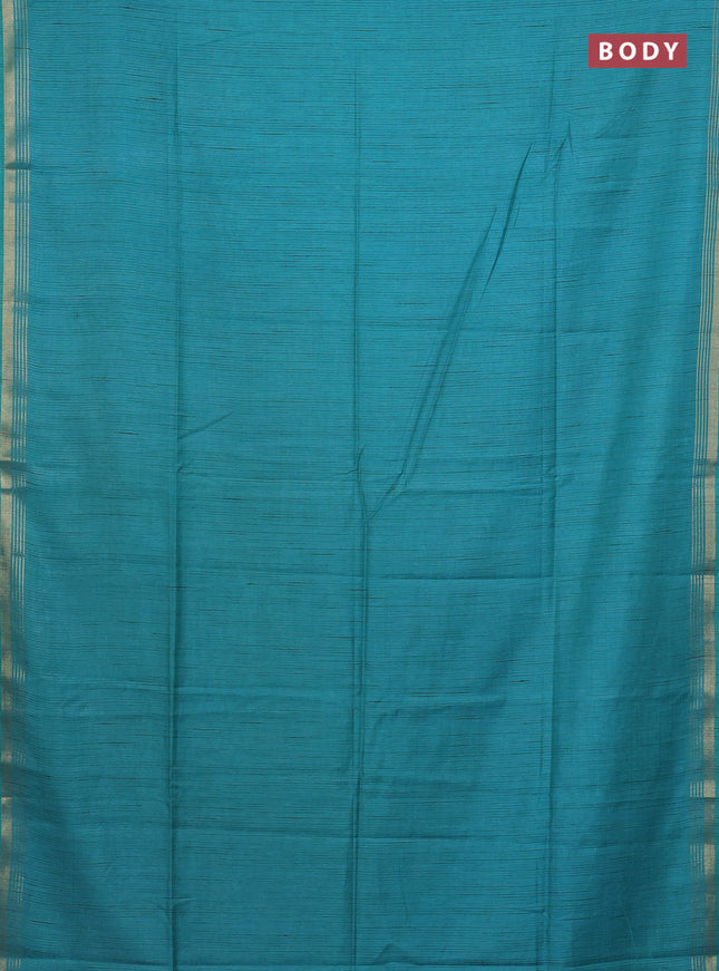 Semi bamboo saree teal blue and sandal and stripes pattern and zari woven border