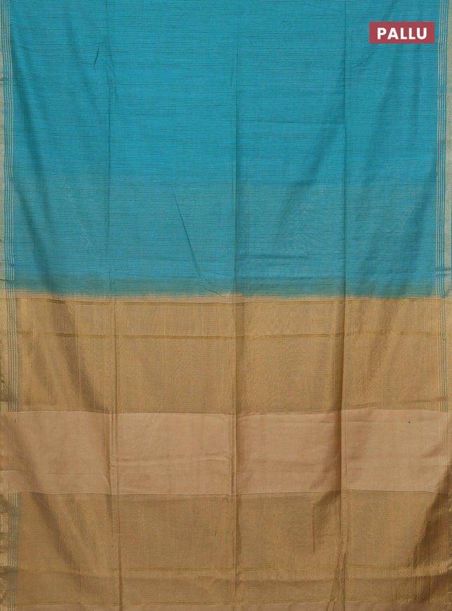 Semi bamboo saree teal blue and sandal and stripes pattern and zari woven border