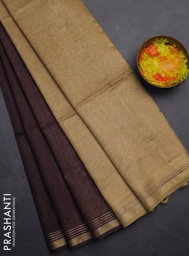 Semi bamboo saree deep wine shade and and stripes pattern and zari woven border
