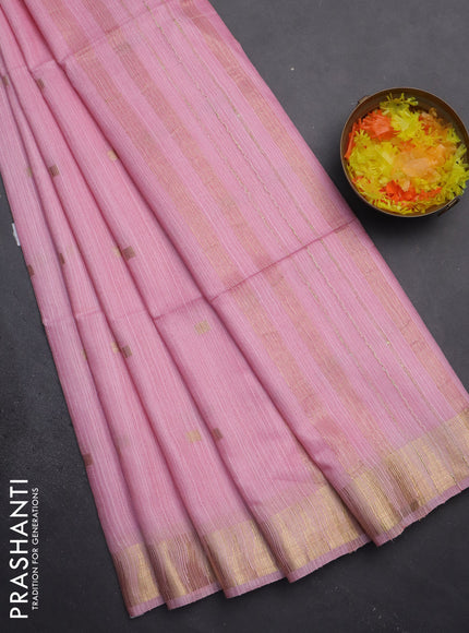 Semi bamboo saree peach pink with zari woven buttas and temple design zari woven border