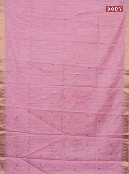 Semi bamboo saree peach pink with zari woven buttas and temple design zari woven border