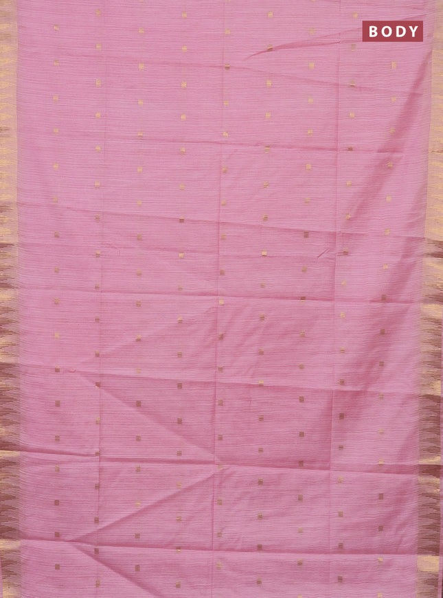 Semi bamboo saree peach pink with zari woven buttas and temple design zari woven border