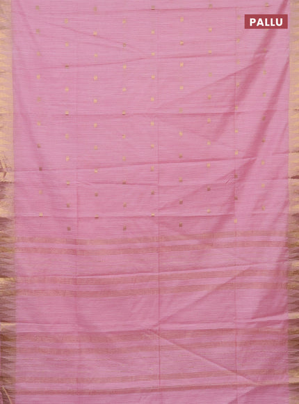 Semi bamboo saree peach pink with zari woven buttas and temple design zari woven border