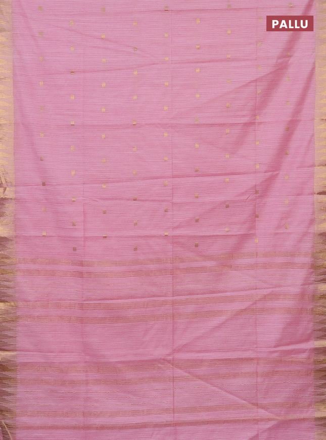 Semi bamboo saree peach pink with zari woven buttas and temple design zari woven border