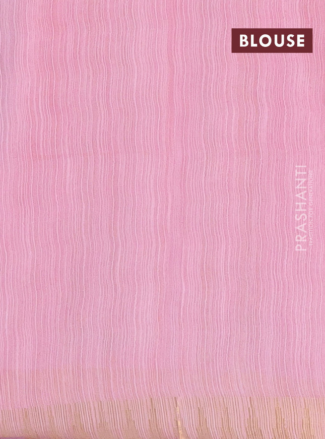 Semi bamboo saree peach pink with zari woven buttas and temple design zari woven border