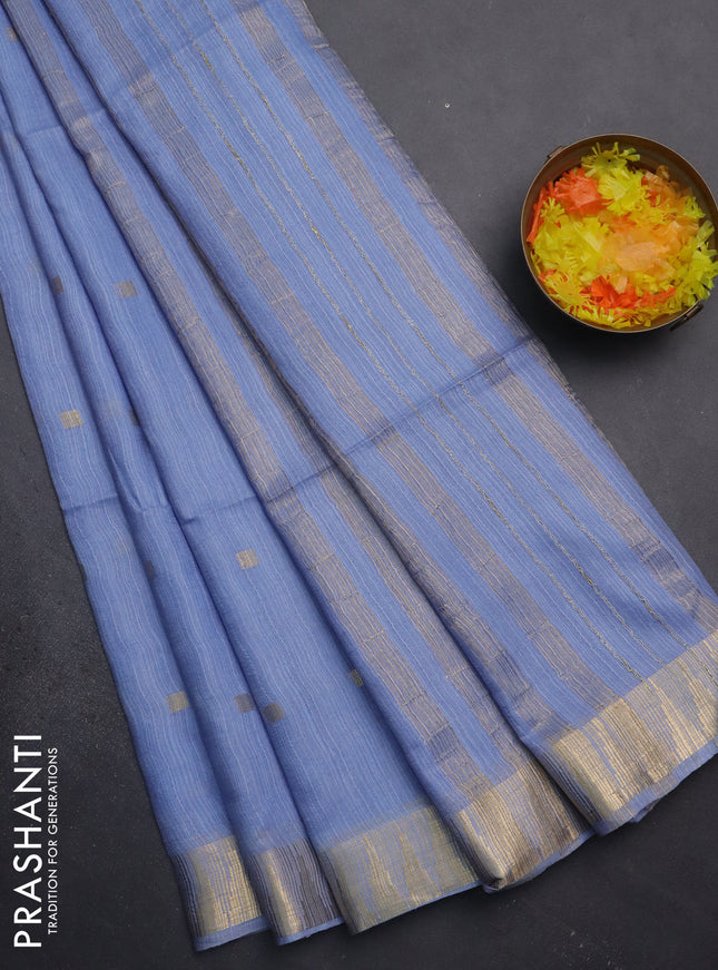 Semi bamboo saree light blue with zari woven buttas and temple design zari woven border