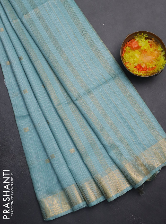 Semi bamboo saree pastel blue with zari woven buttas and temple design zari woven border