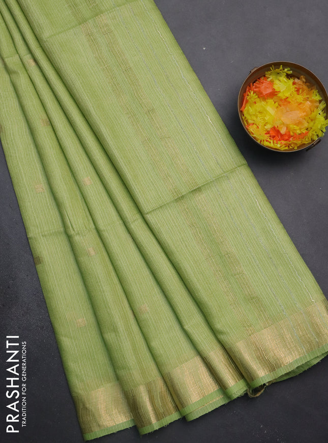 Semi bamboo saree light green with zari woven buttas and temple design zari woven border