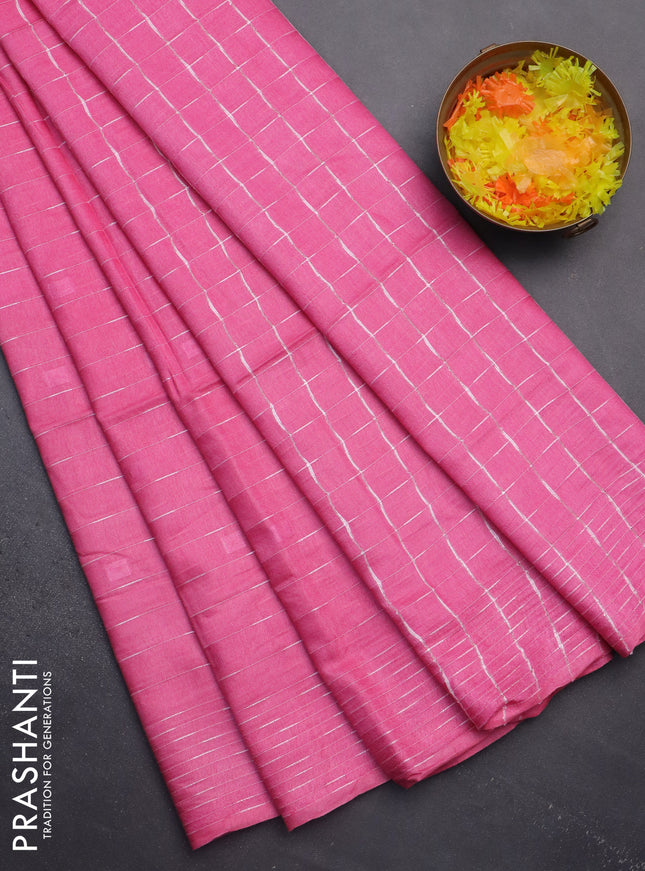 Semi bamboo saree candy pink with allover thread weaves and woven border