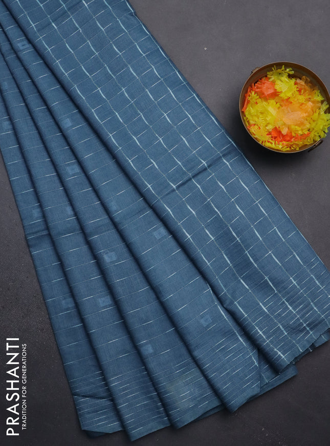 Semi bamboo saree blue shade with allover thread weaves and woven border
