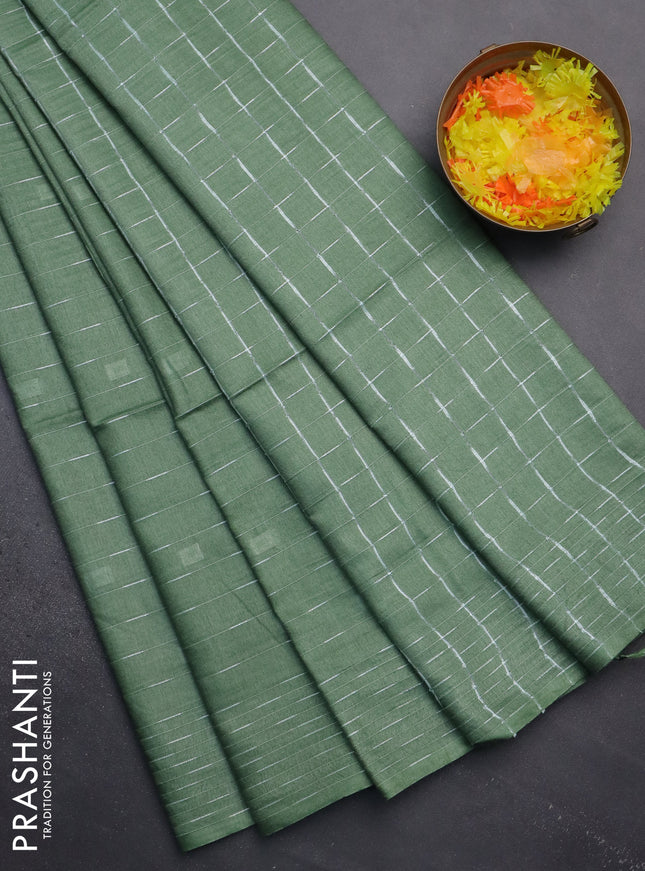 Semi bamboo saree pastel green with allover thread weaves and woven border