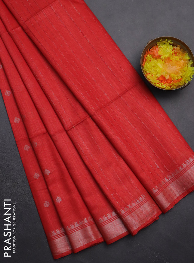 Semi bamboo saree red with zari woven buttas and zari woven border