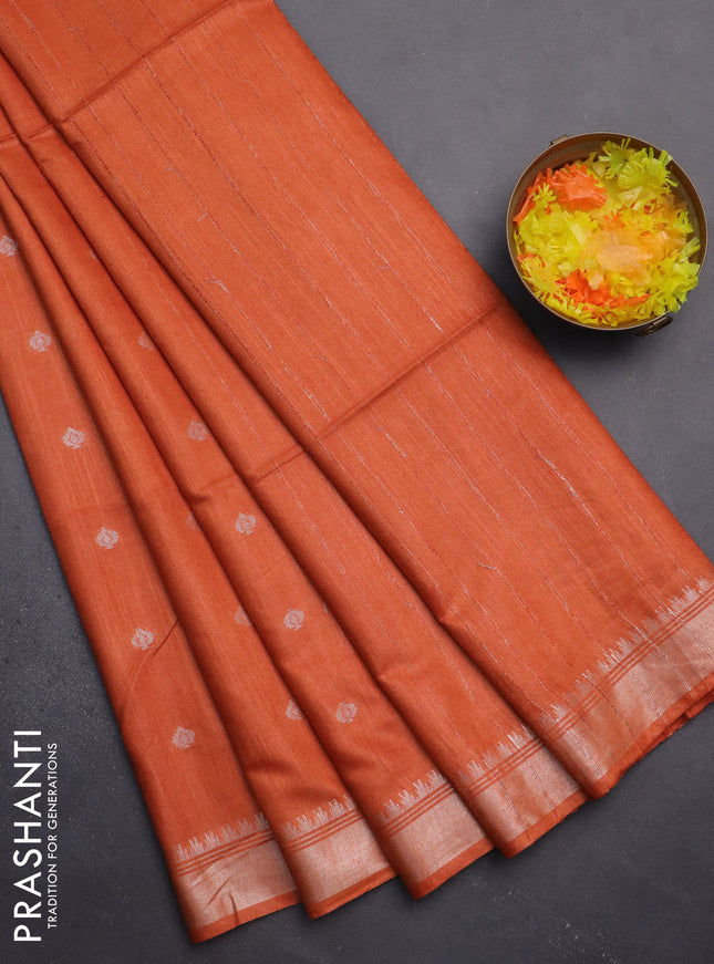 Semi bamboo saree orange with zari woven buttas and zari woven border
