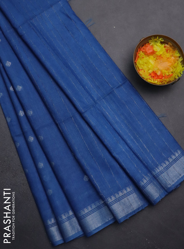 Semi bamboo saree cs blue with zari woven buttas and zari woven border