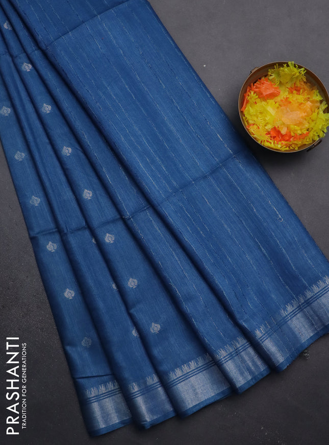 Semi bamboo saree cs blue with zari woven buttas and zari woven border