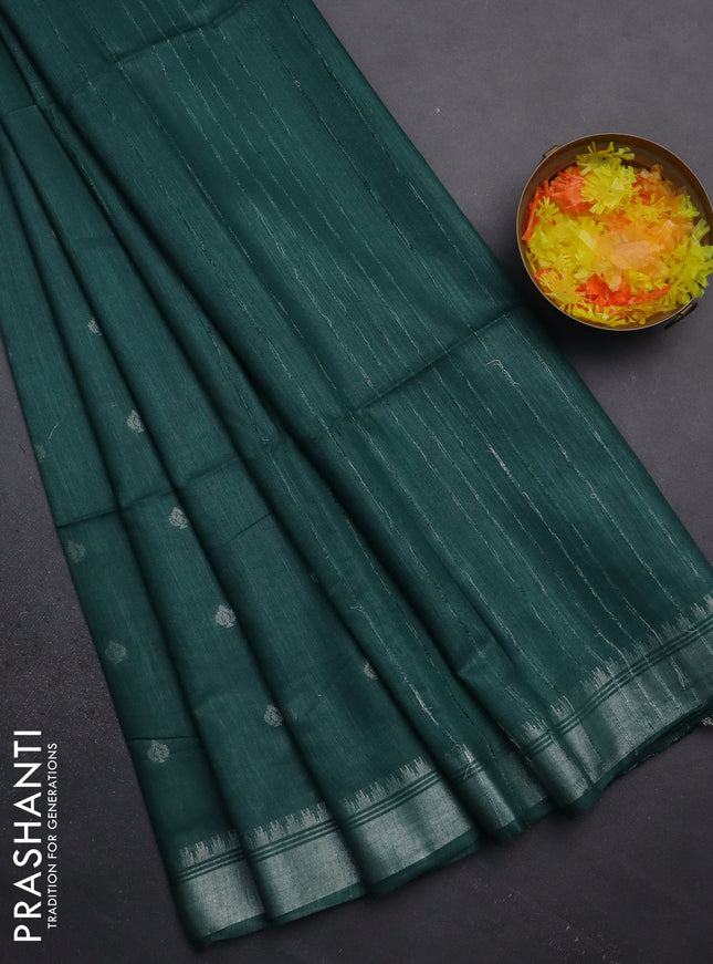 Semi bamboo saree green with zari woven buttas and zari woven border