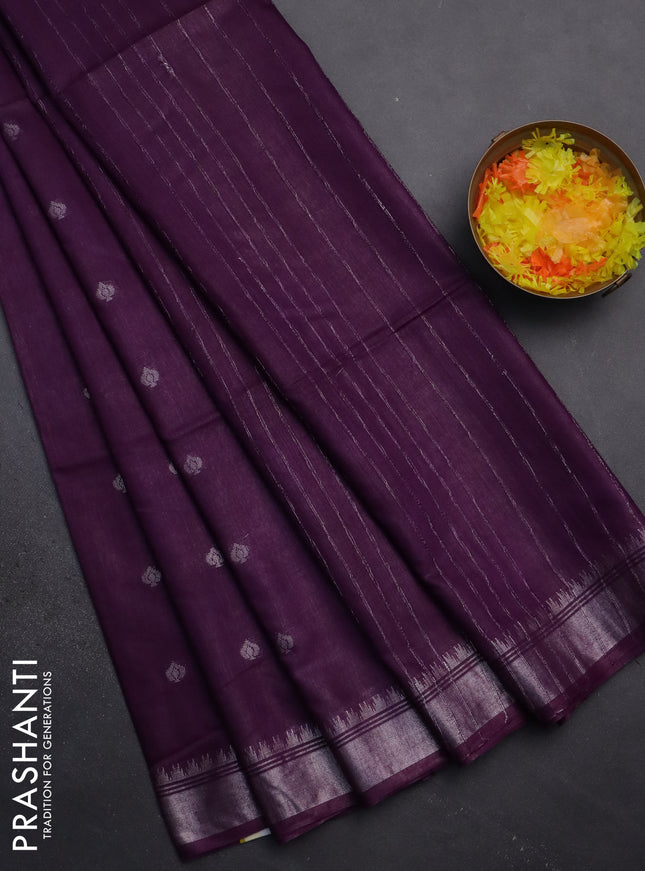 Semi bamboo saree deep purple with zari woven buttas and zari woven border