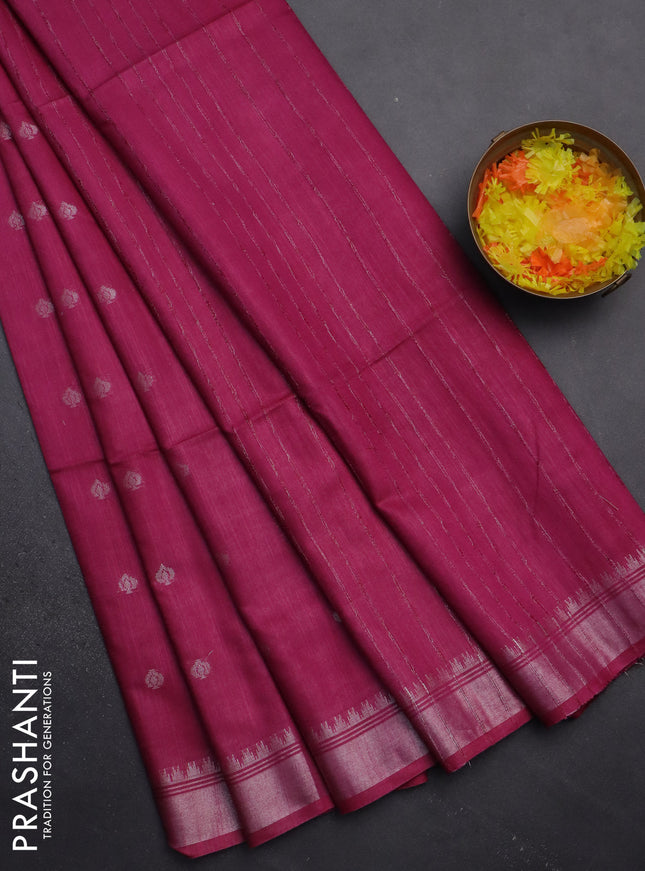 Semi bamboo saree magenta pink with zari woven buttas and zari woven border
