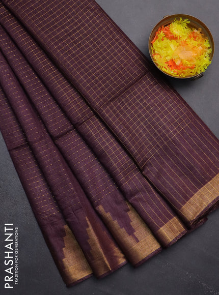 Semi bamboo saree wine shade with allover zari weaves and temple design zari woven border