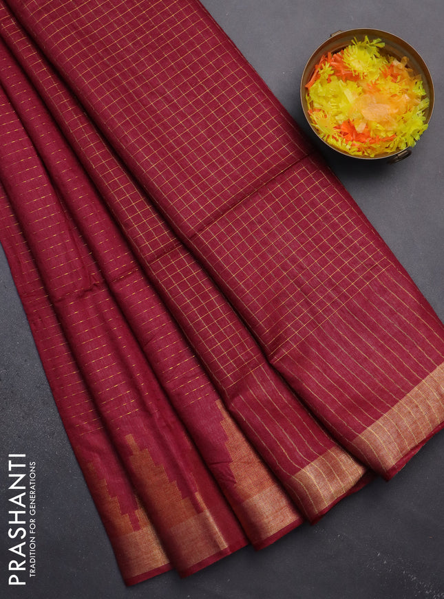 Semi bamboo saree magenta pink with allover zari weaves and temple design zari woven border