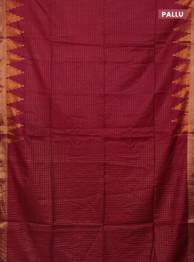 Semi bamboo saree magenta pink with allover zari weaves and temple design zari woven border