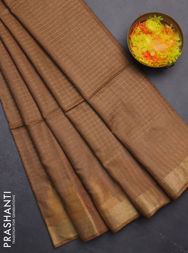 Semi bamboo saree brown with allover zari weaves and temple design zari woven border
