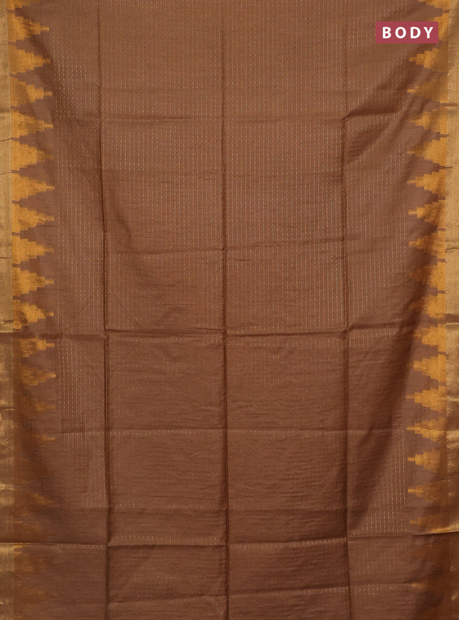 Semi bamboo saree brown with allover zari weaves and temple design zari woven border