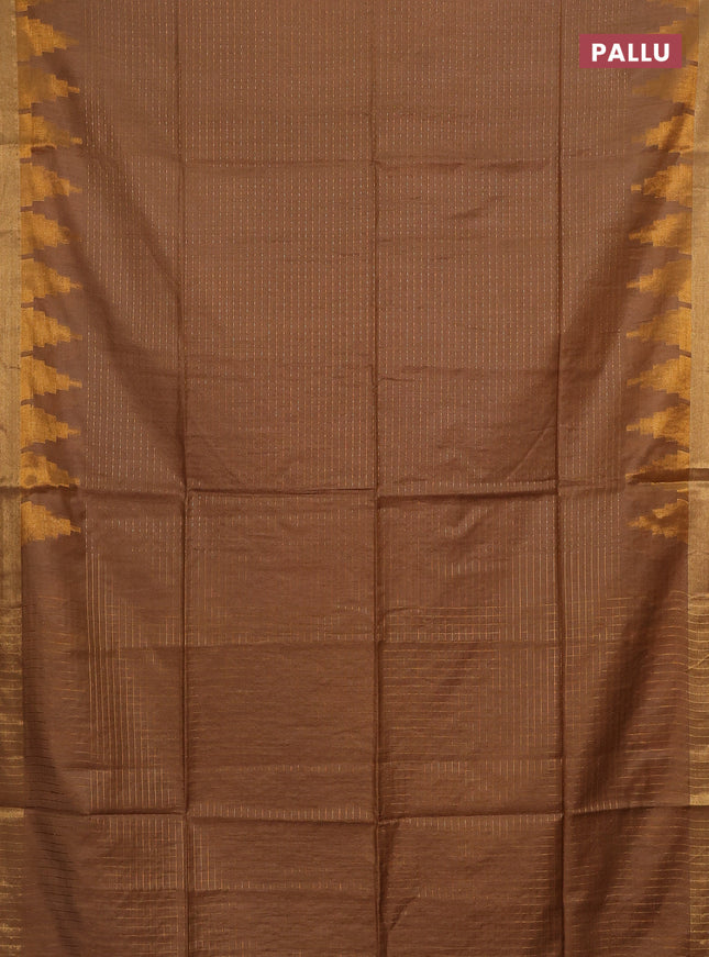 Semi bamboo saree brown with allover zari weaves and temple design zari woven border