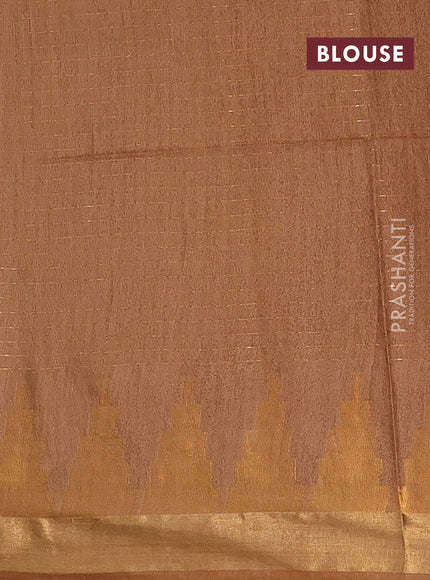 Semi bamboo saree brown with allover zari weaves and temple design zari woven border