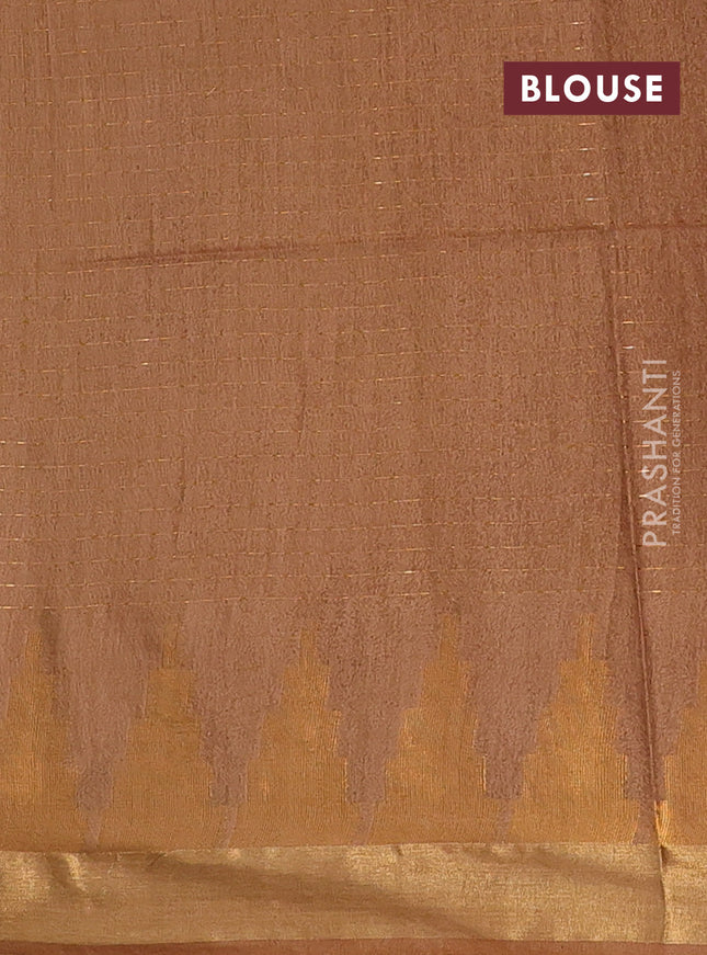 Semi bamboo saree brown with allover zari weaves and temple design zari woven border