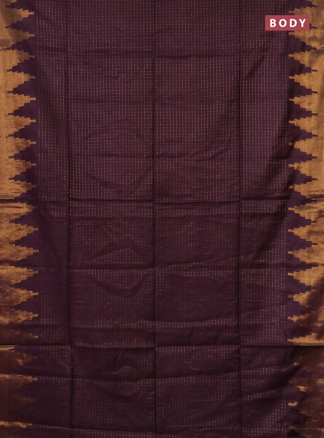 Semi bamboo saree wine shade with allover zari weaves and temple design zari woven border